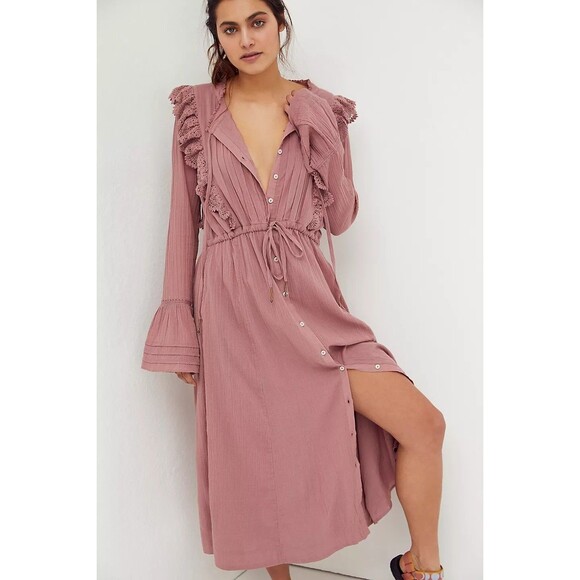 Free People Making Memories Midi Dress Buttondown Crochet Lace Cotton S 283184 - Picture 1 of 8